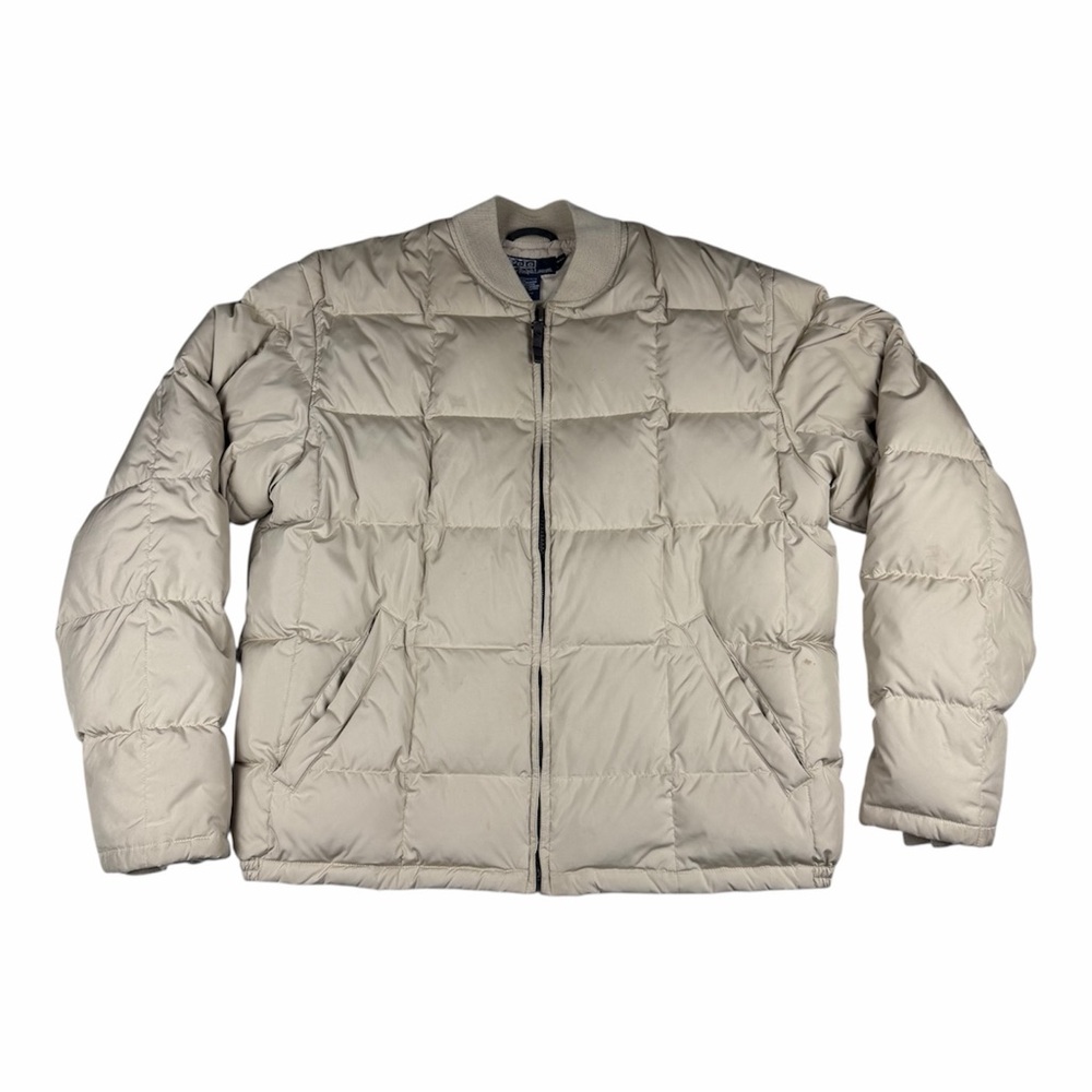 Vintage Polo Ralph Lauren Down Jacket L Large Bomber Puffer Coat Beige